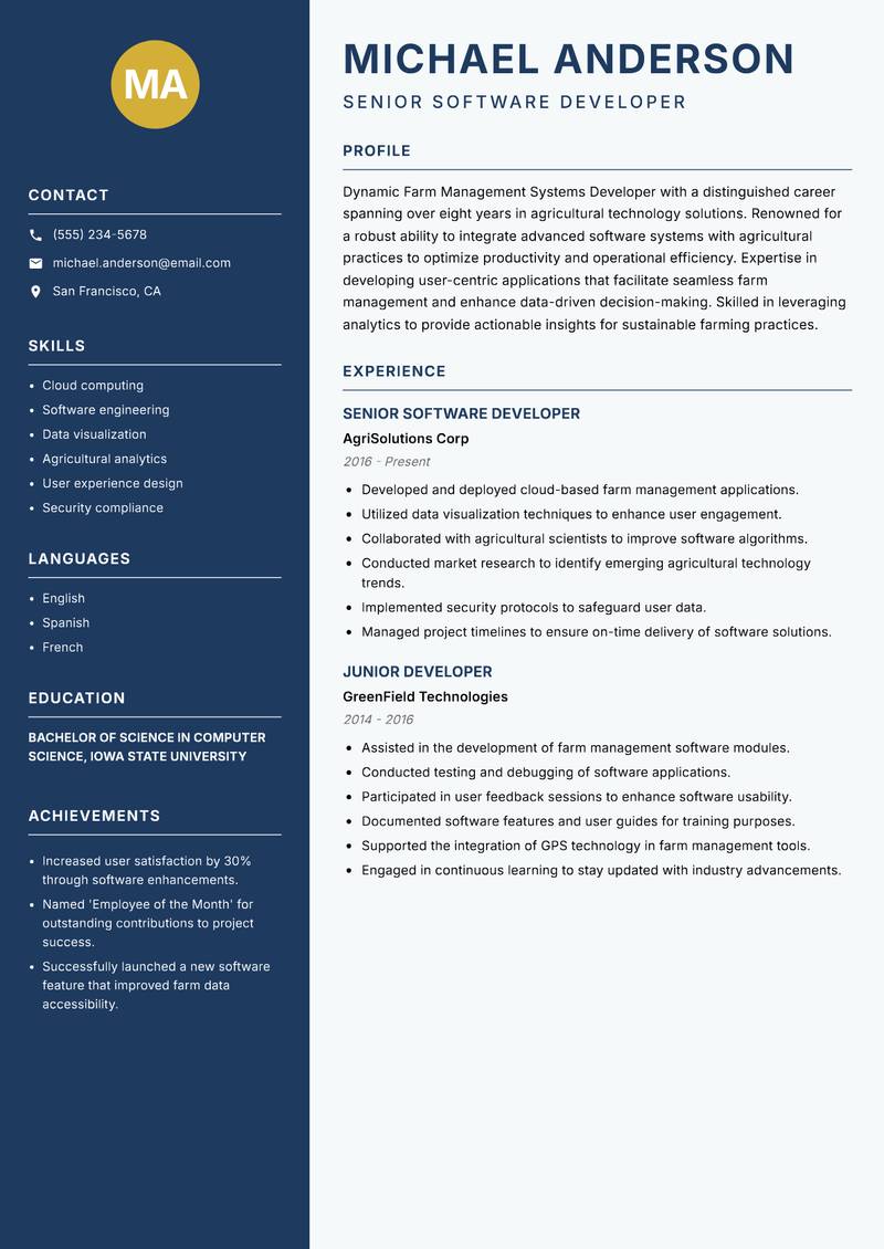 Farm Management Systems Developer resume template — Classic Clean