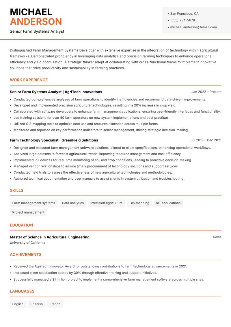 Farm Management Systems Developer resume template — Modern Professional