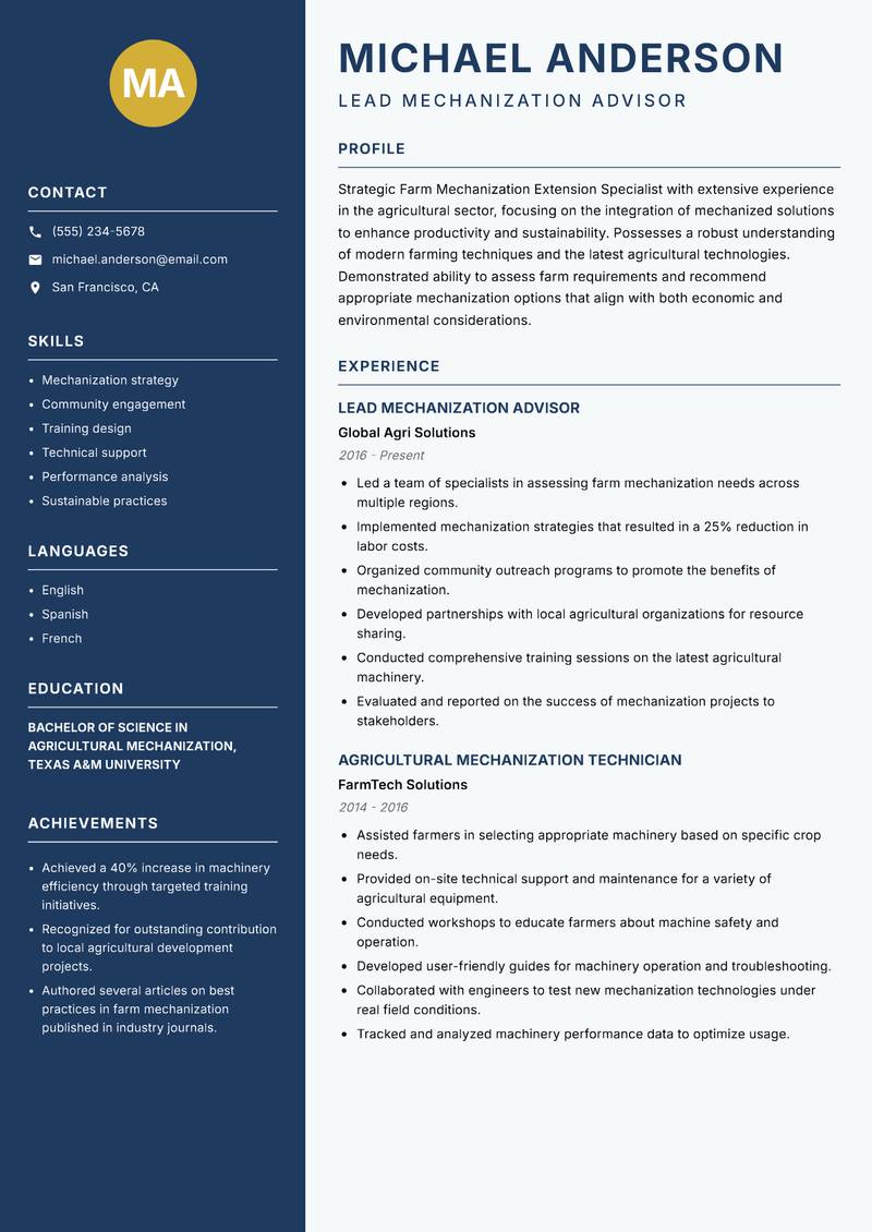Farm Mechanization Extension Specialist resume template — Classic Clean