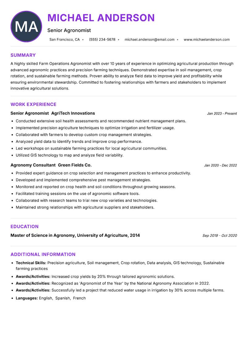 Farm Operations Agronomist resume example — ATS-friendly template