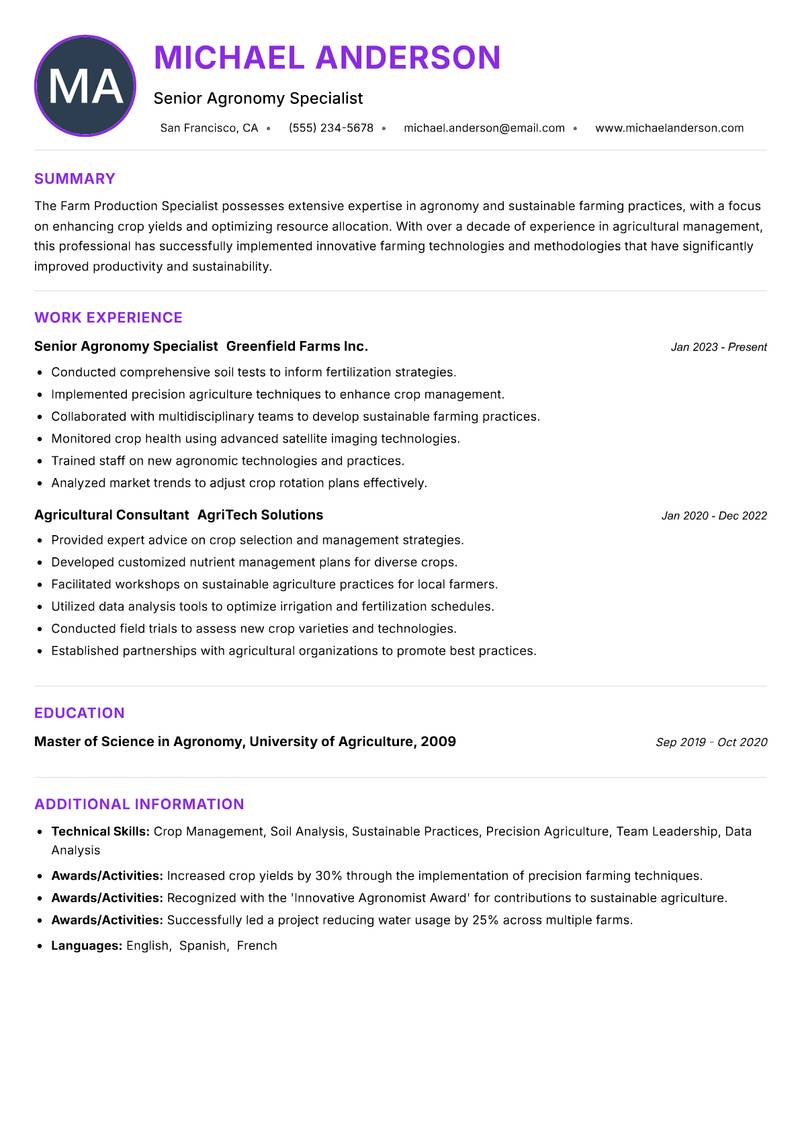 Farm Production Specialist resume example — ATS-friendly template