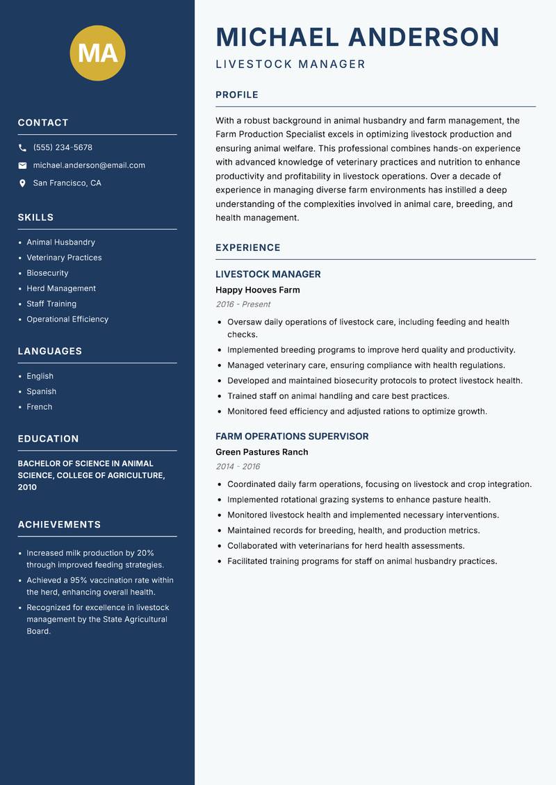 Farm Production Specialist resume template — Classic Clean