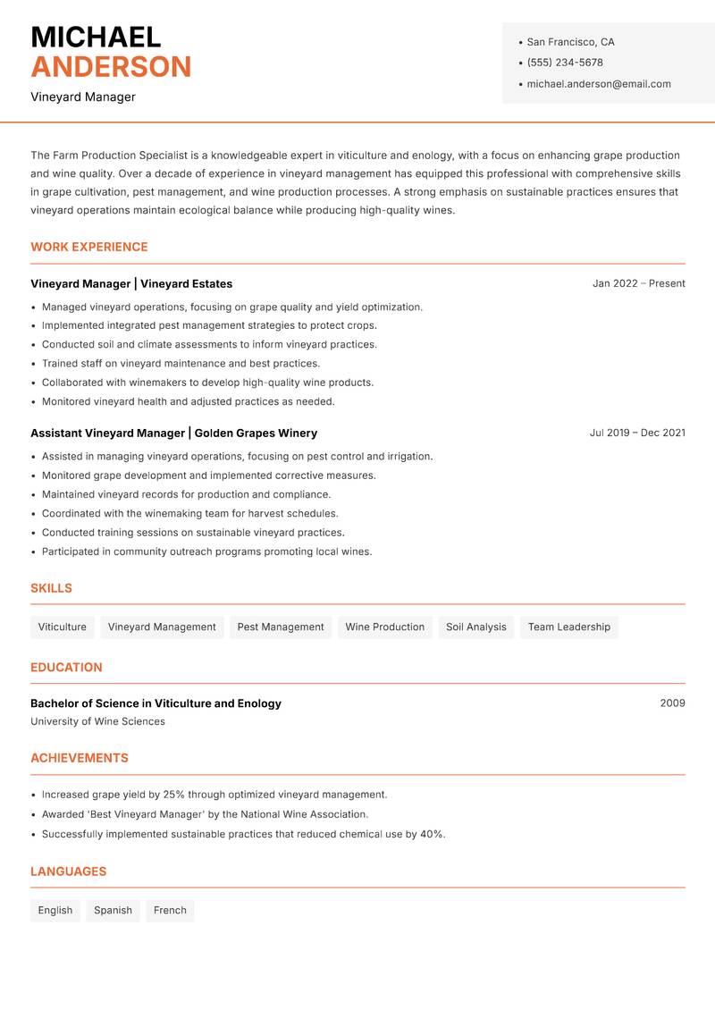 Farm Production Specialist resume template — Modern Professional