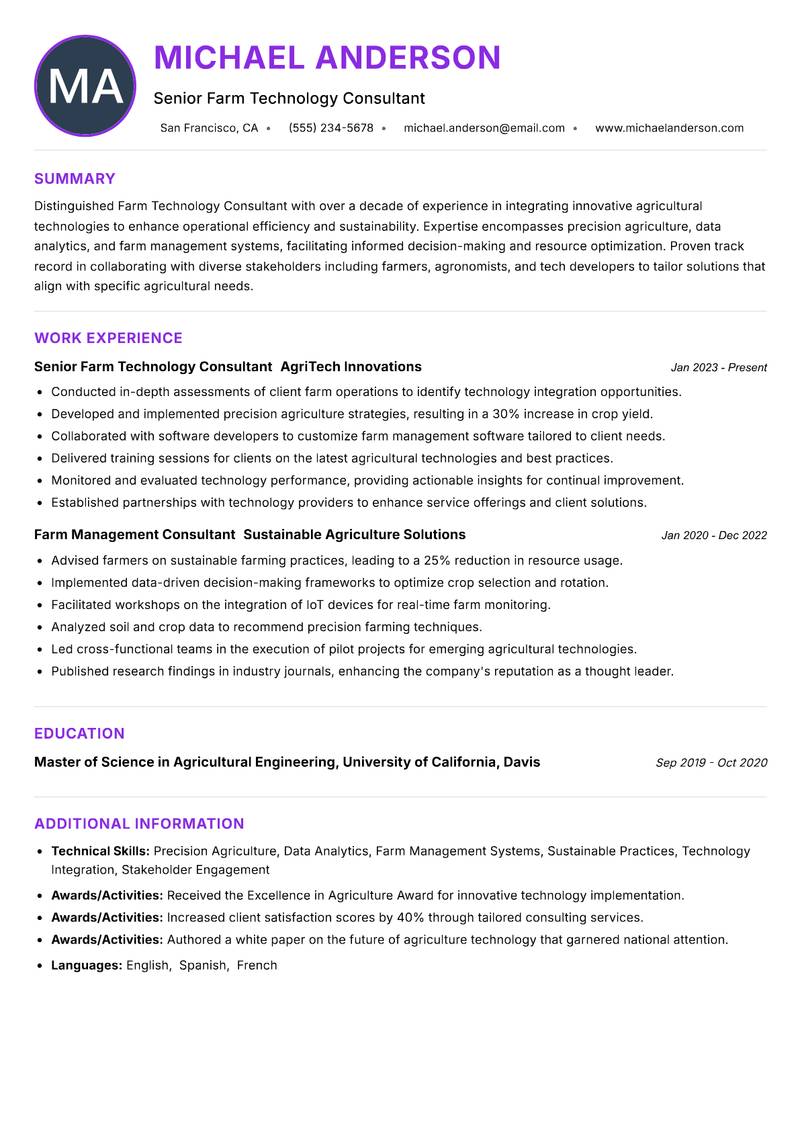 Farm Technology Consultant resume example — ATS-friendly template