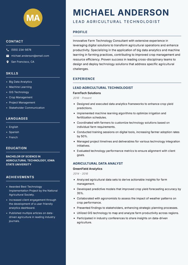 Farm Technology Consultant resume template — Classic Clean