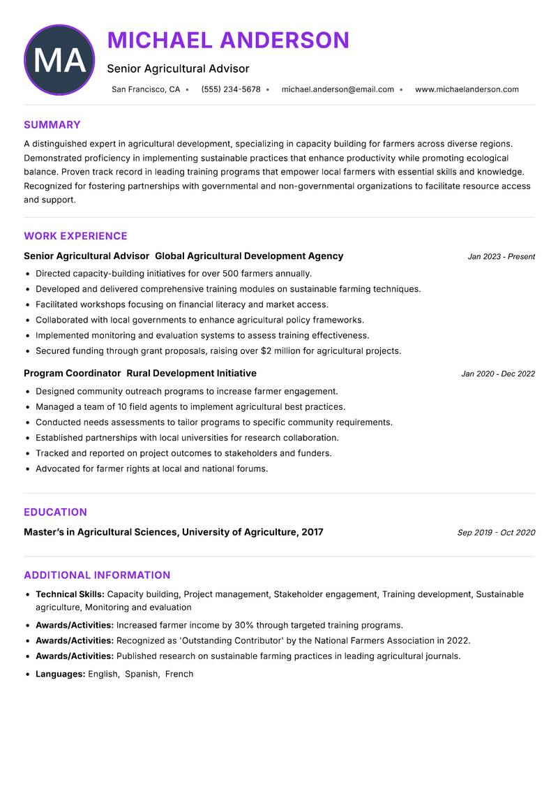 Farmer Capacity Building Specialist resume example — ATS-friendly template