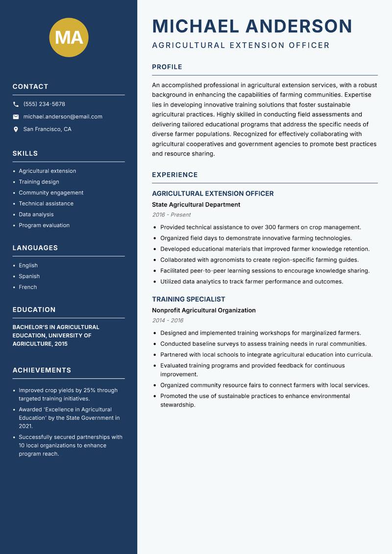 Farmer Capacity Building Specialist resume template — Classic Clean