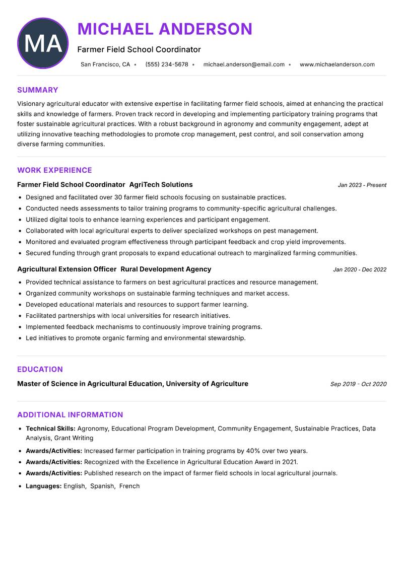 Farmer Field School Facilitator resume example — ATS-friendly template
