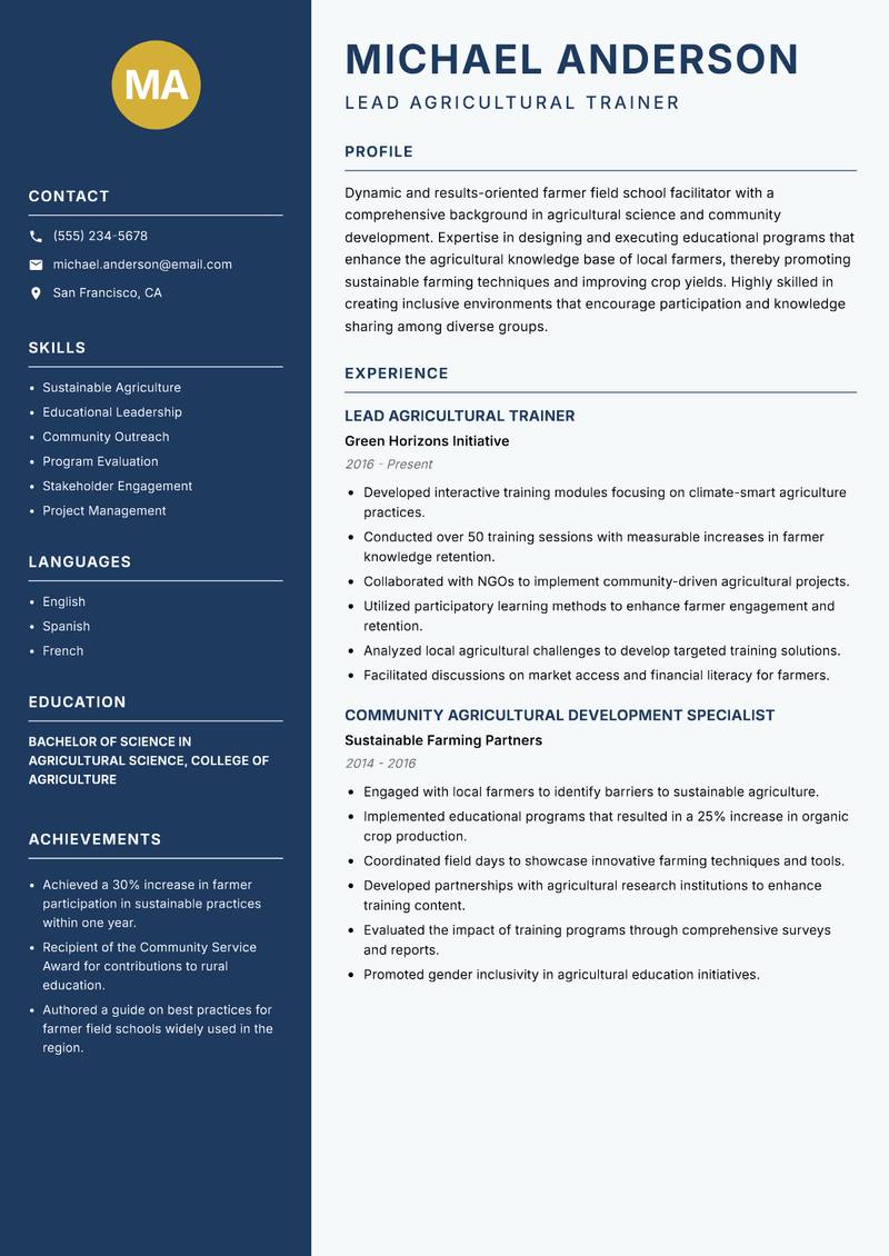 Farmer Field School Facilitator resume template — Classic Clean