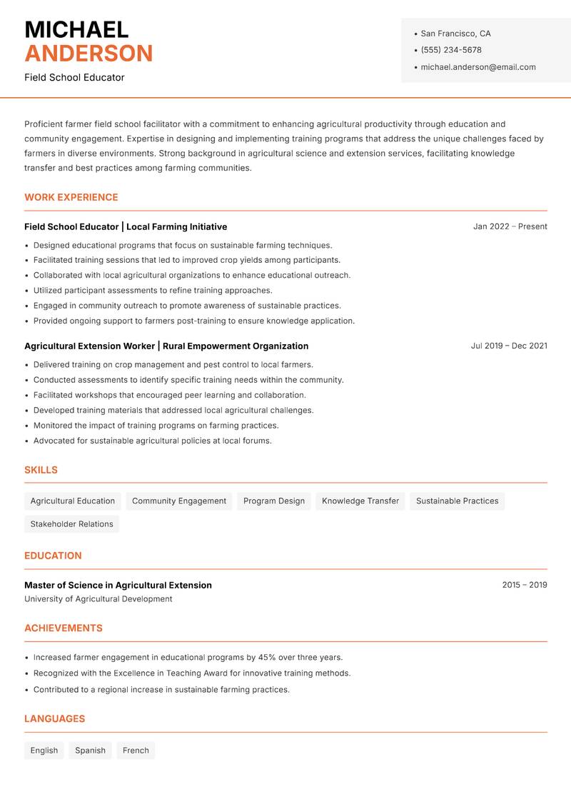 Farmer Field School Facilitator resume template — Modern Professional