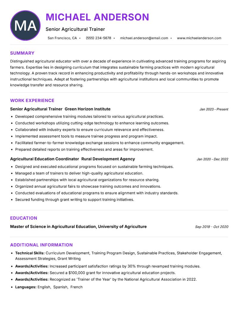 Farmer Training Specialist resume example — ATS-friendly template
