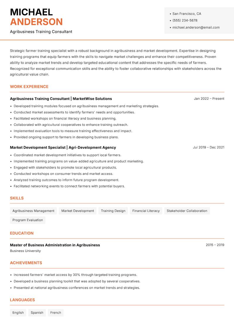 Farmer Training Specialist resume template — Modern Professional