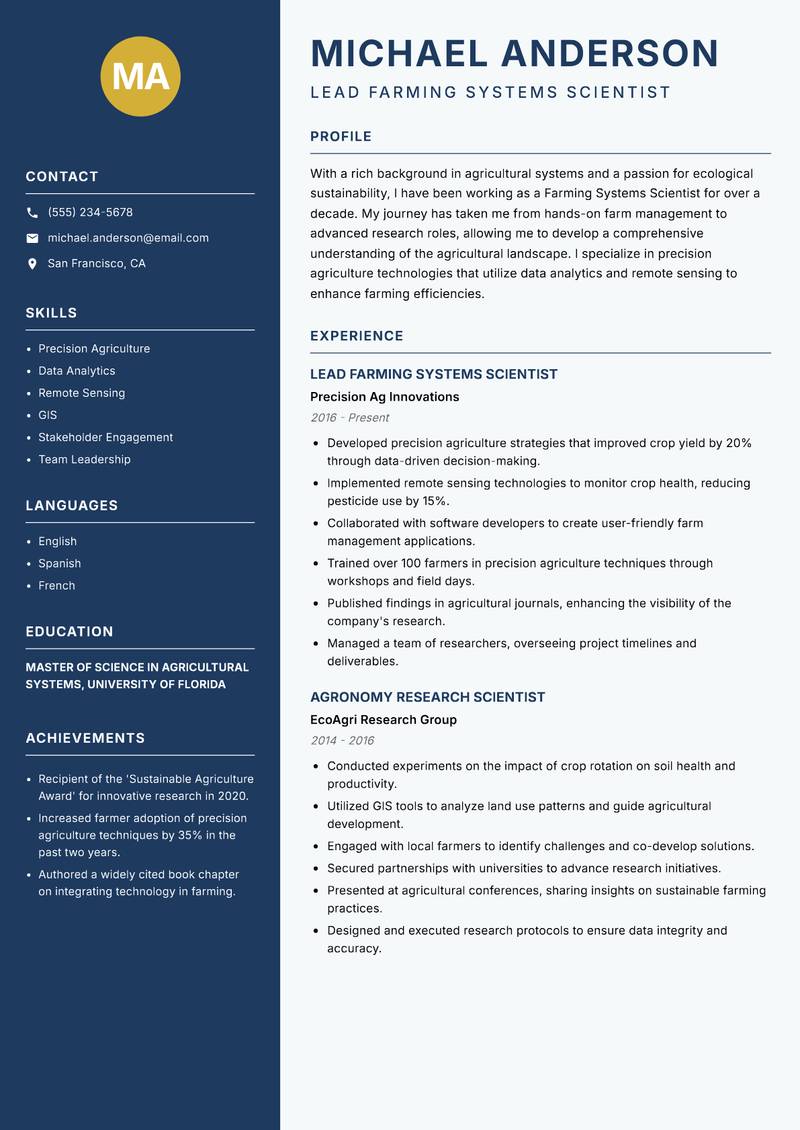 Farming Systems Scientist resume template — Classic Clean