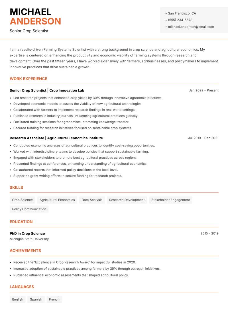 Farming Systems Scientist resume template — Modern Professional