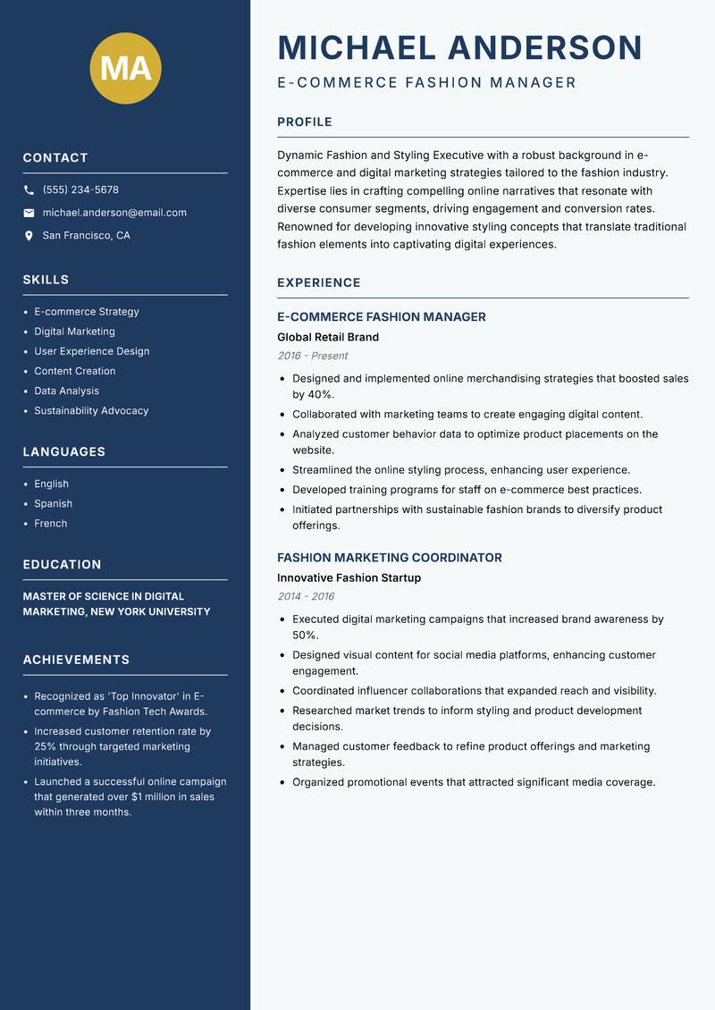 Fashion and Styling Executive resume template — Classic Clean