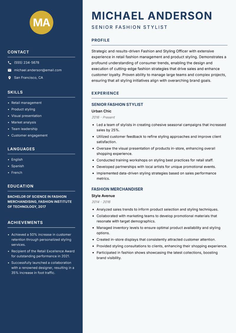 Fashion and Styling Officer resume template — Classic Clean