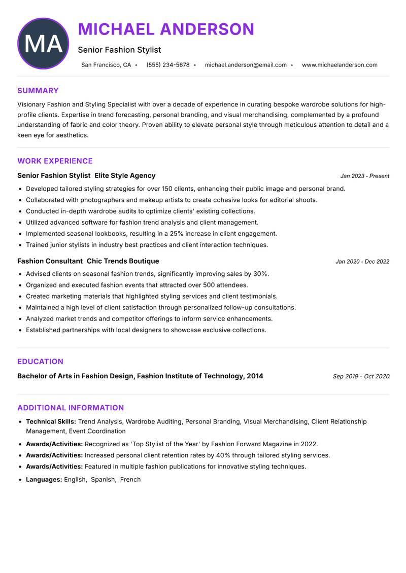 Fashion and Styling Specialist resume example — ATS-friendly template