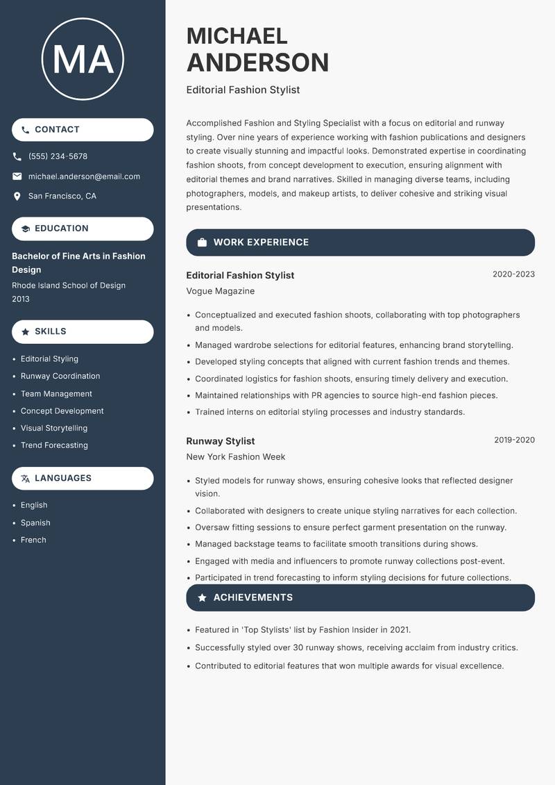 Fashion and Styling Specialist resume template — Compact