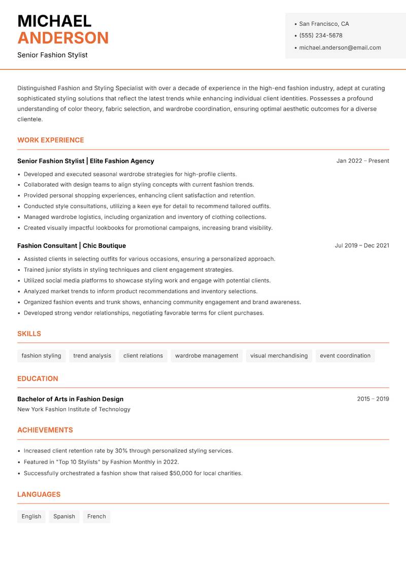 Fashion and Styling Specialist resume template — Modern Professional