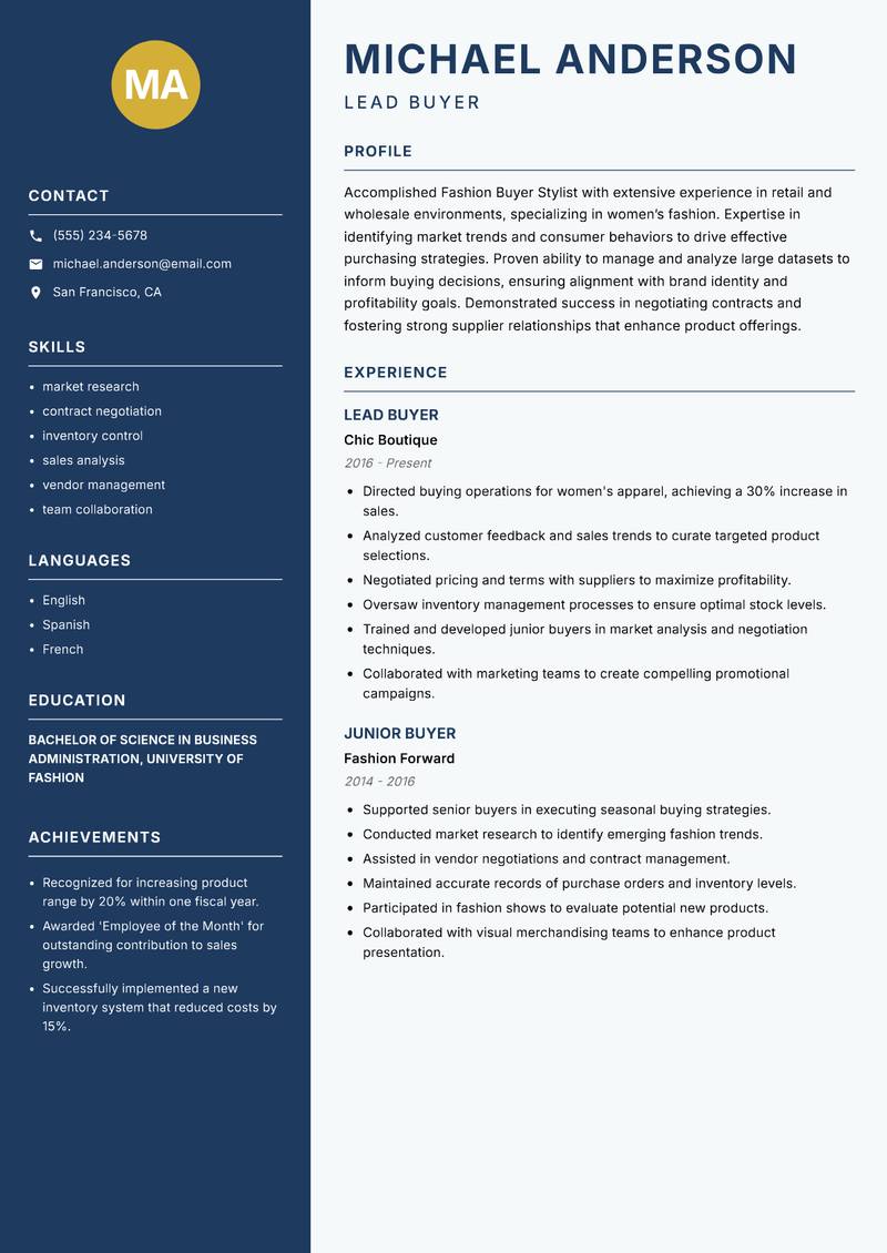 Fashion Buyer Stylist resume template — Classic Clean