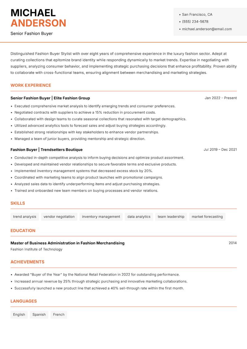 Fashion Buyer Stylist resume template — Modern Professional