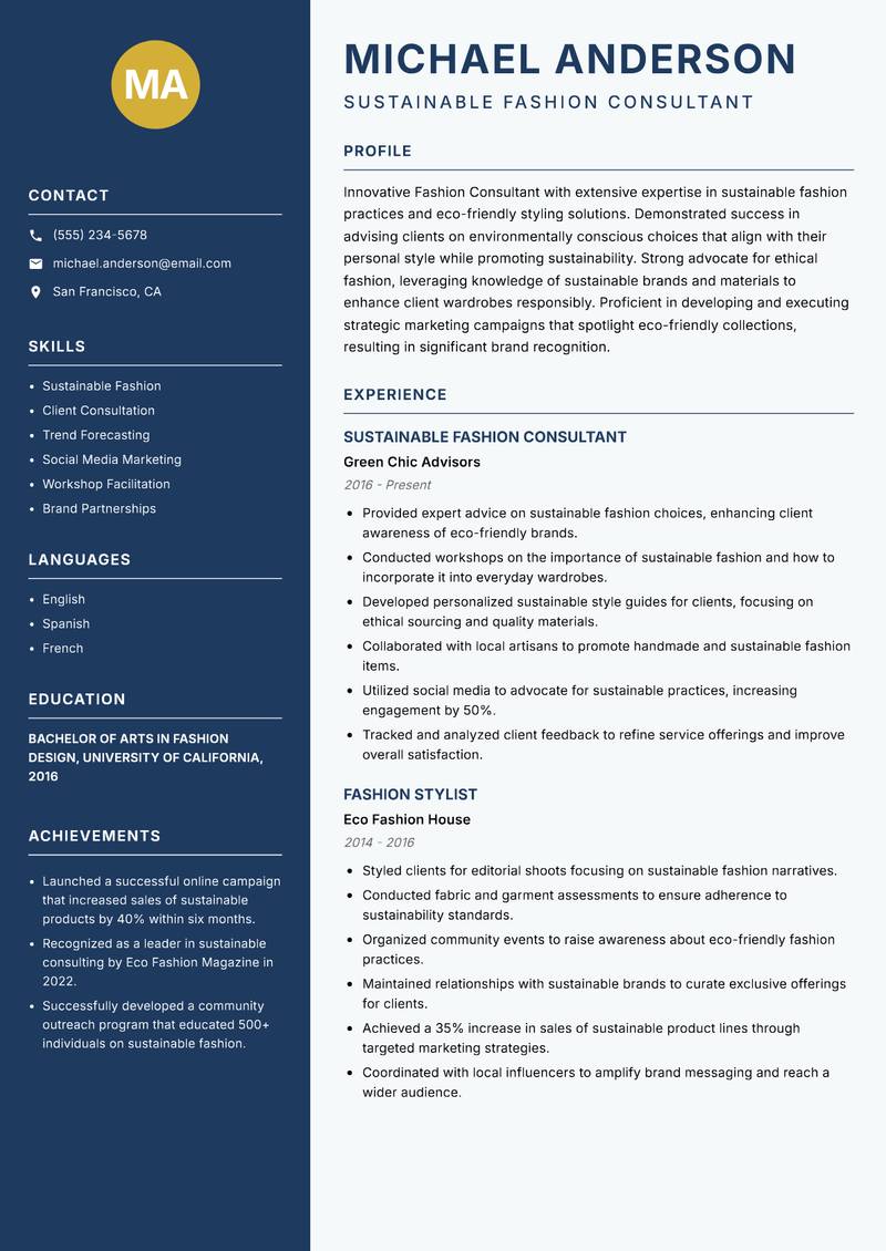 Fashion Consultant resume template — Classic Clean
