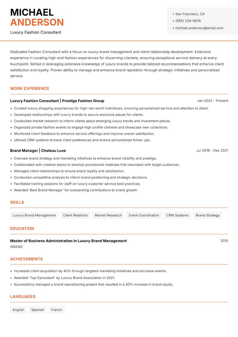 Fashion Consultant resume template — Modern Professional