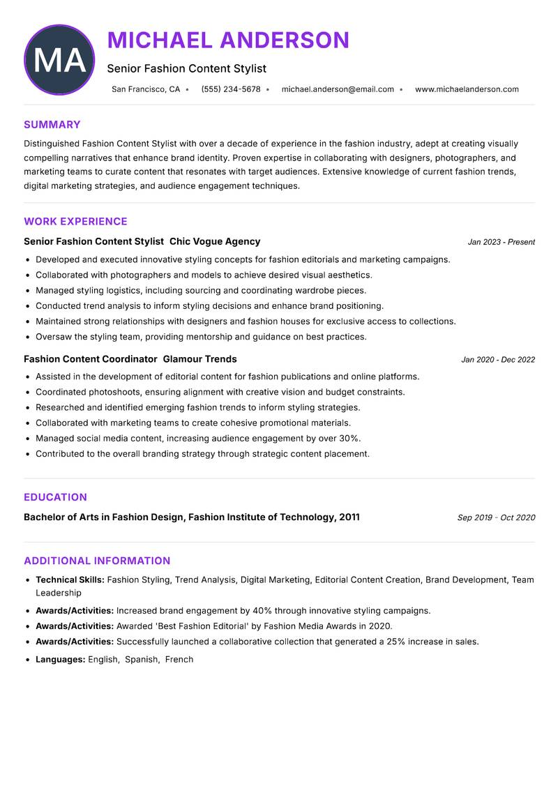 Fashion Content Stylist resume example — ATS-friendly template