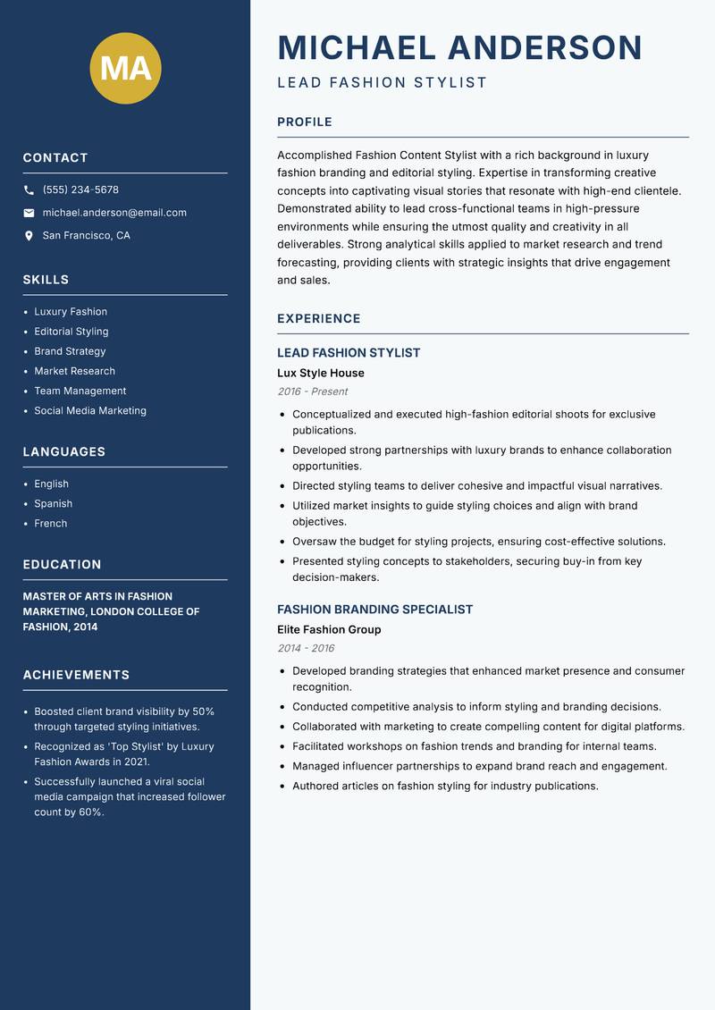 Fashion Content Stylist resume template — Classic Clean