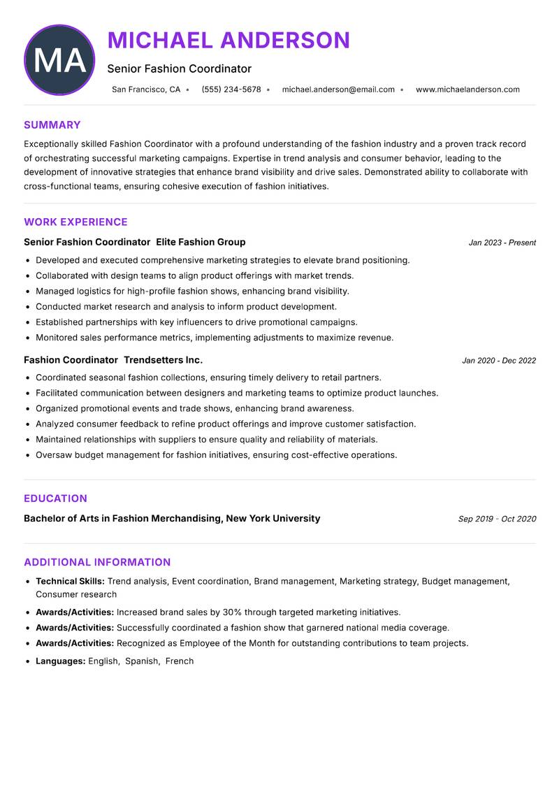 Fashion Coordinator resume example — ATS-friendly template