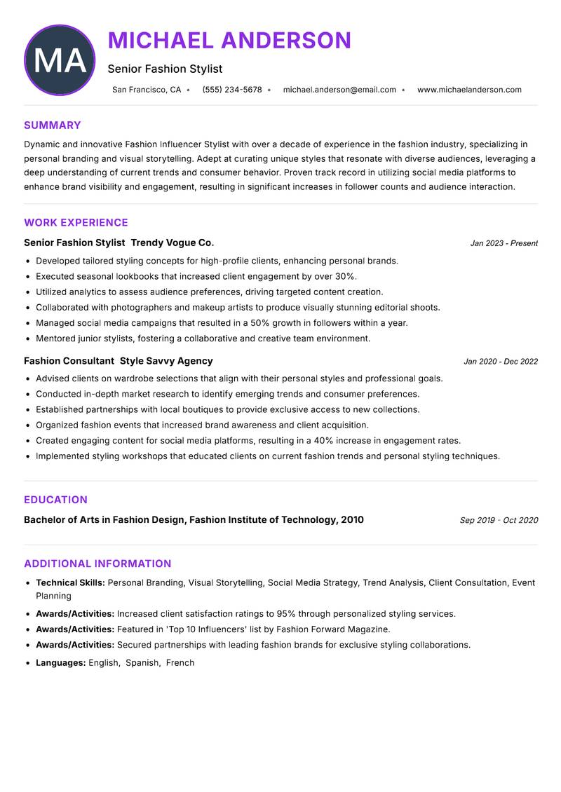 Fashion Influencer Stylist resume example — ATS-friendly template