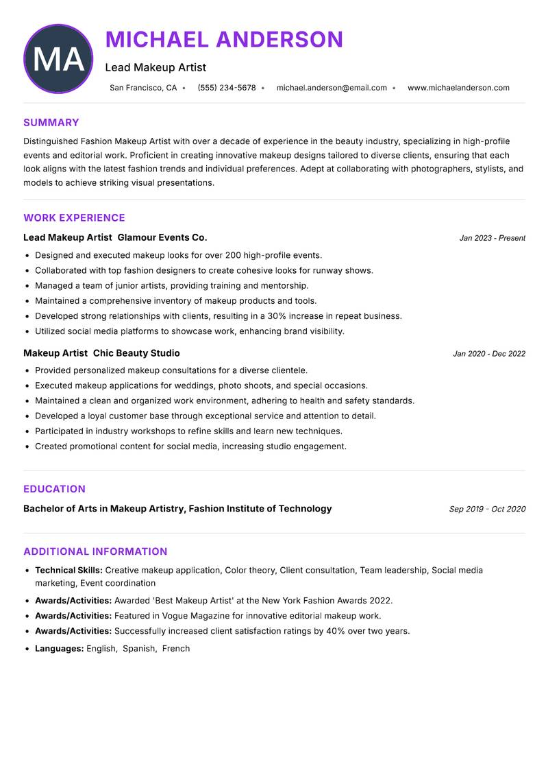 Fashion Makeup Artist resume example — ATS-friendly template