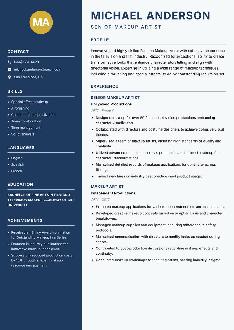 Fashion Makeup Artist resume template — Classic Clean