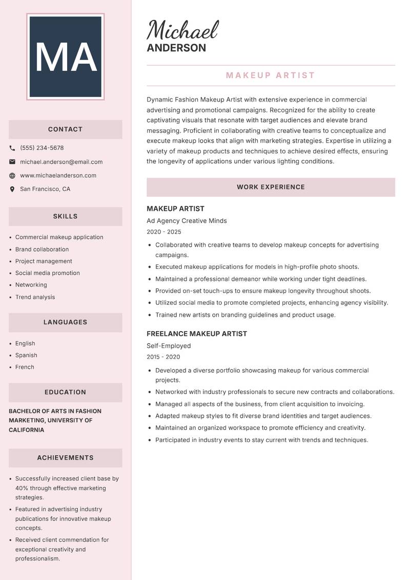 Fashion Makeup Artist resume template — Executive