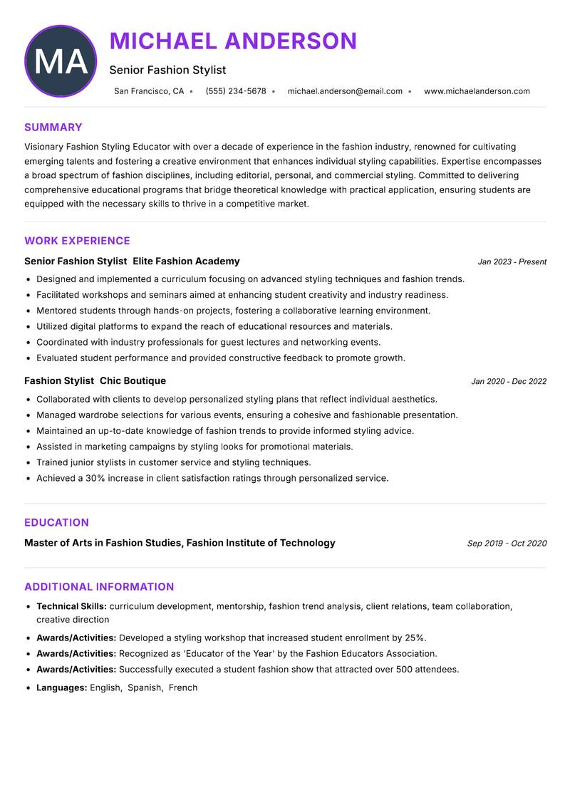 Fashion Styling Educator resume example — ATS-friendly template