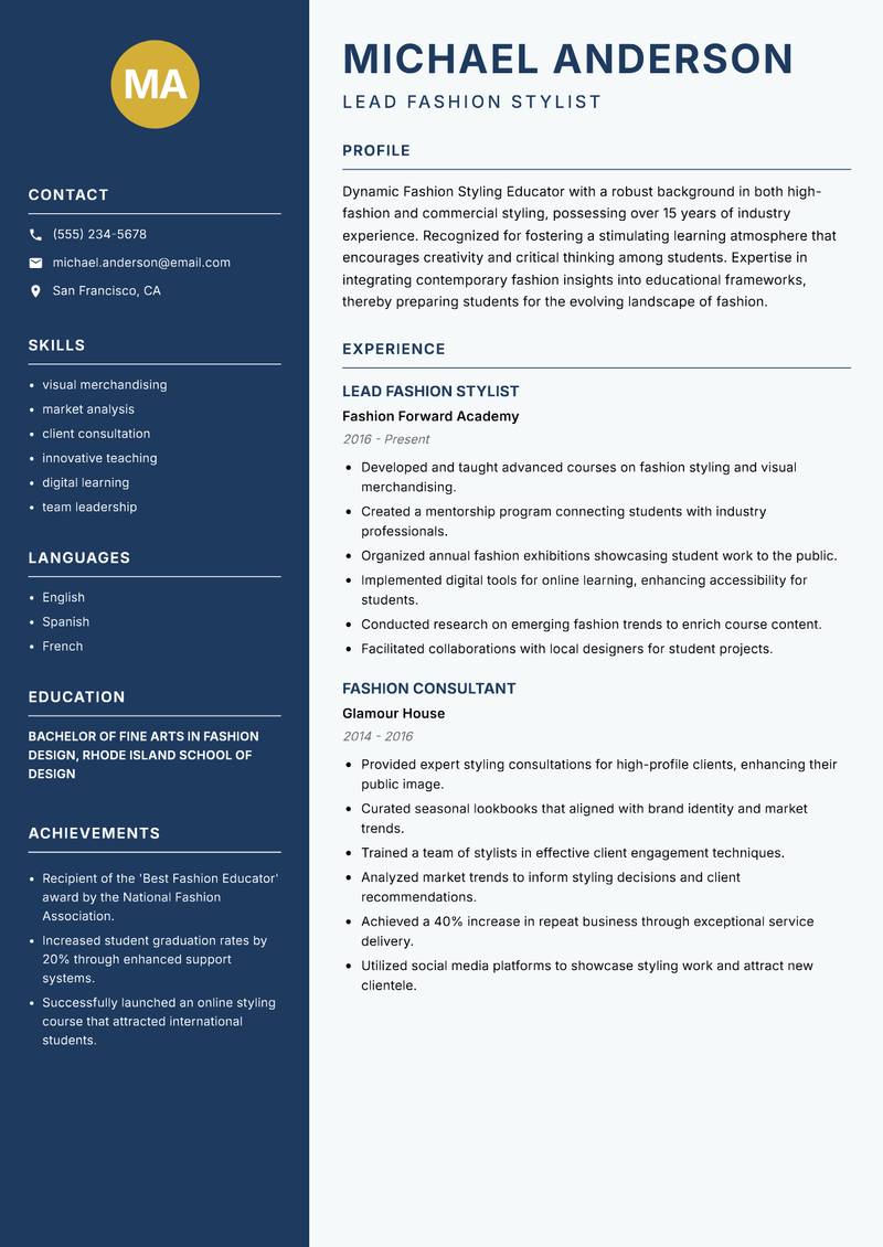 Fashion Styling Educator resume template — Classic Clean