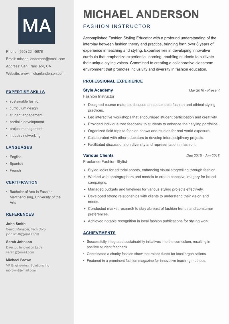 Fashion Styling Educator resume template — Creative Minimal