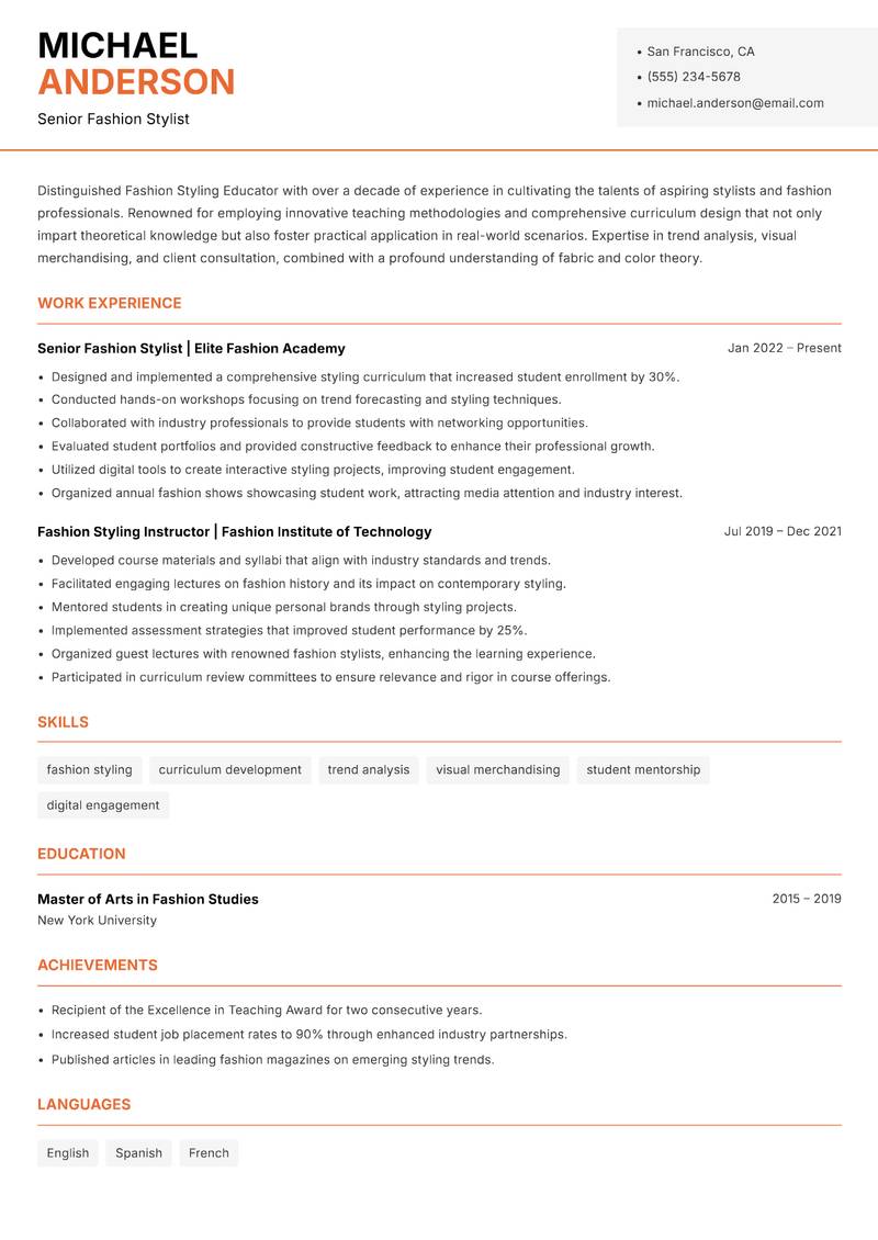 Fashion Styling Educator resume template — Modern Professional