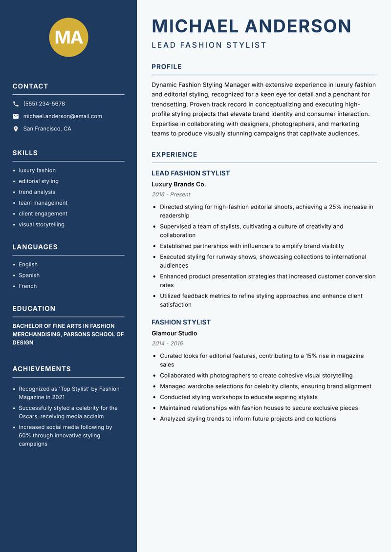 Fashion Styling Manager resume template — Classic Clean