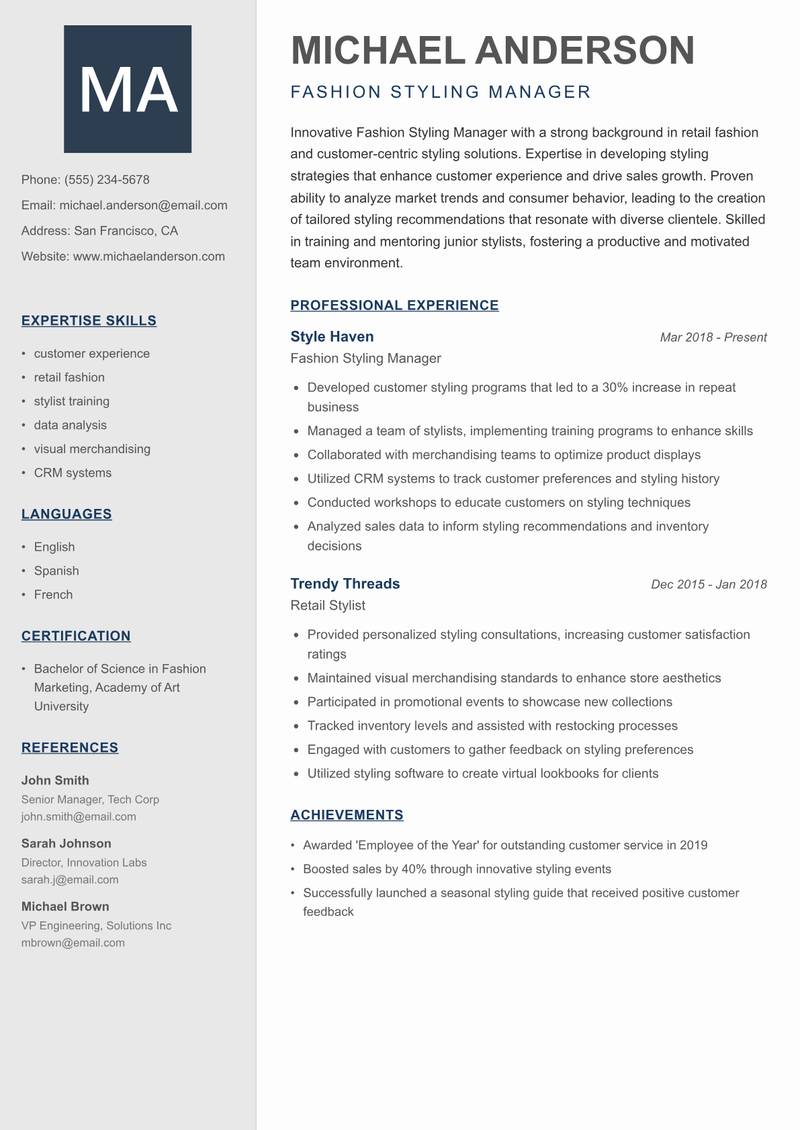 Fashion Styling Manager resume template — Creative Minimal
