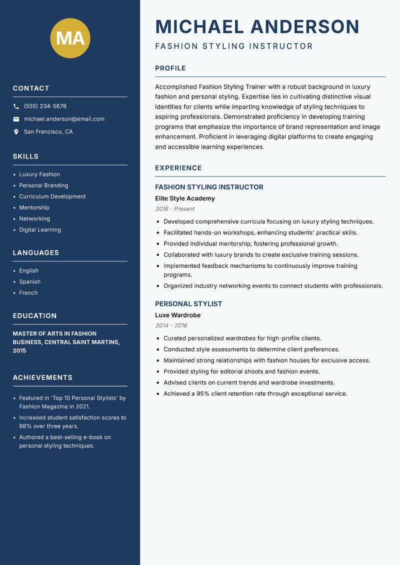 Fashion Styling Trainer resume template — Classic Clean