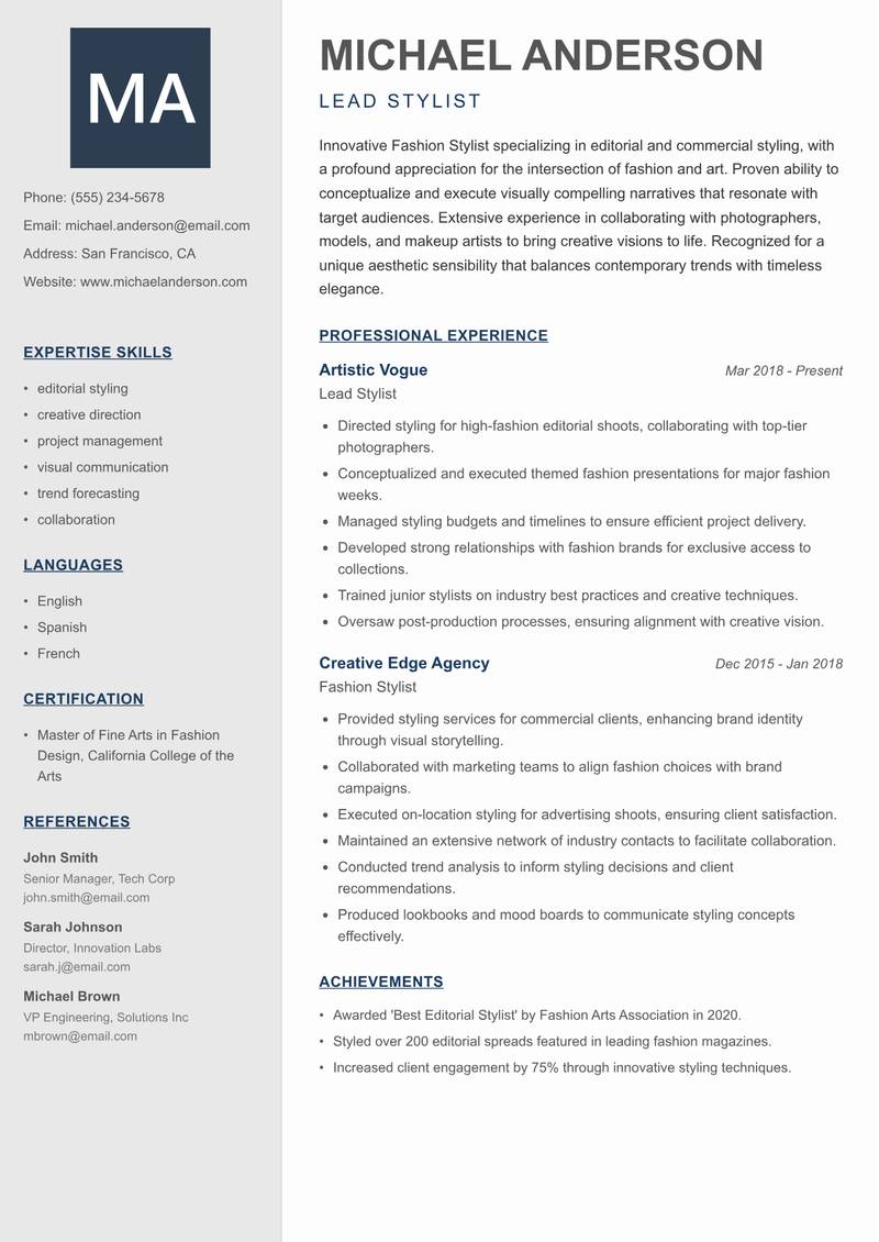 Fashion Stylist resume template — Creative Minimal
