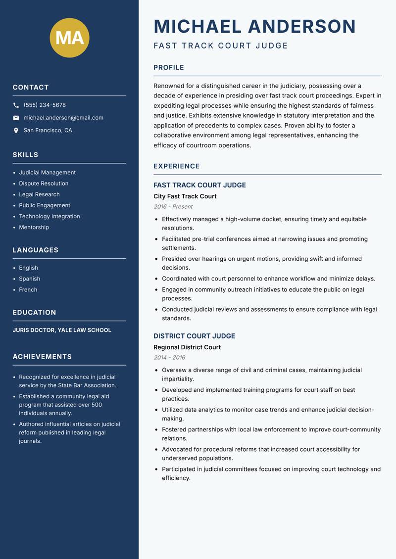 Fast Track Court Judge resume template — Classic Clean