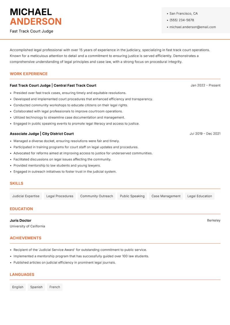Fast Track Court Judge resume template — Modern Professional