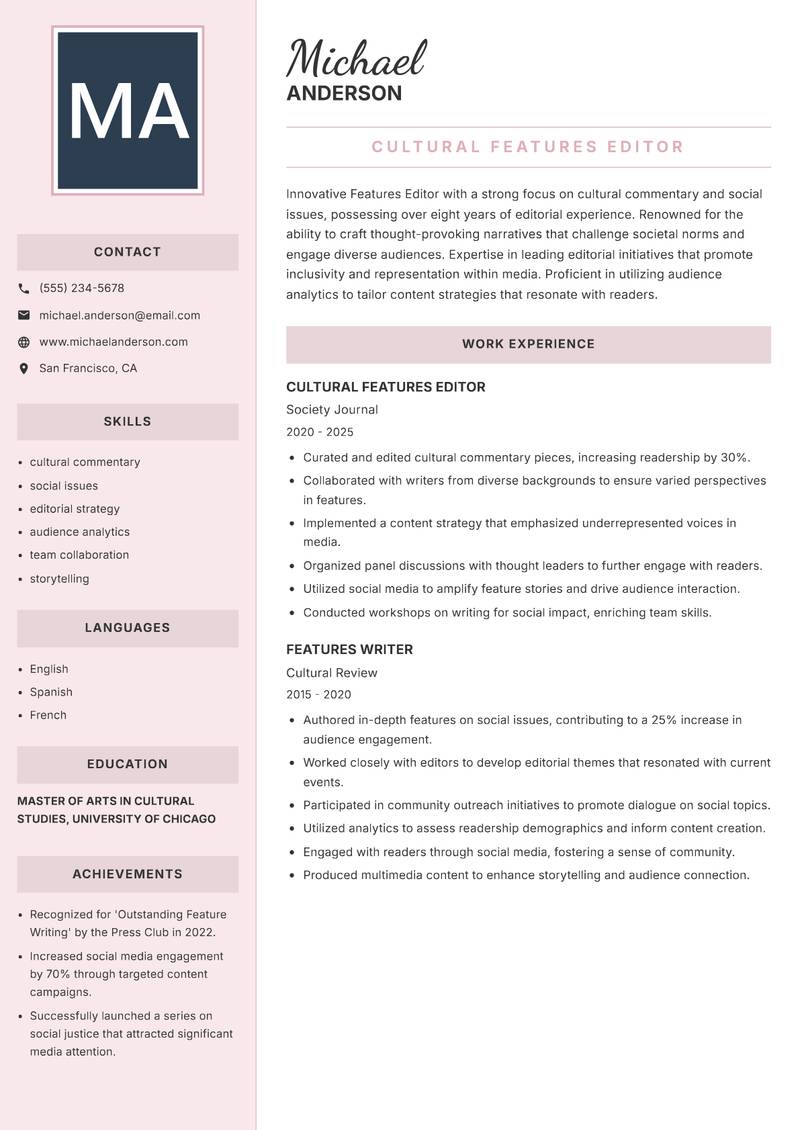 Features Editor resume template — Executive
