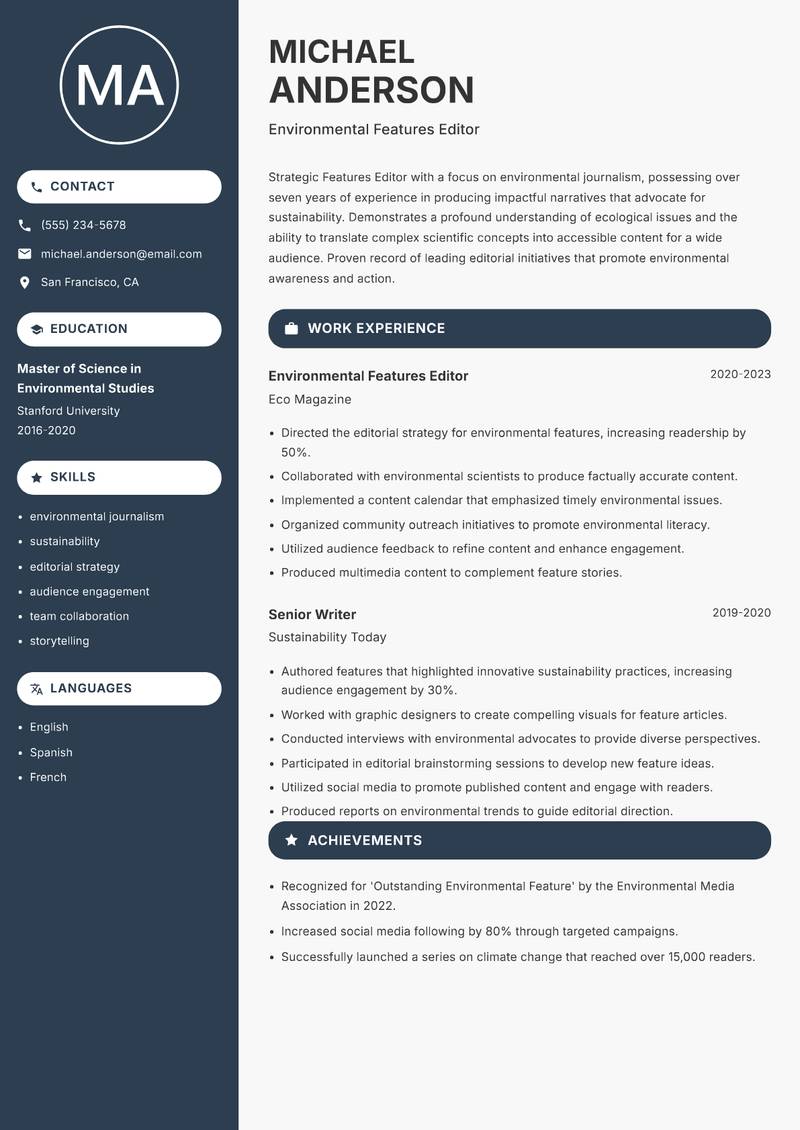 Features Editor resume template — Compact