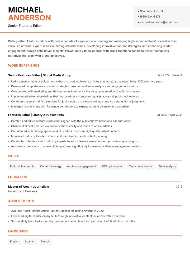 Features Editor resume template — Modern Professional