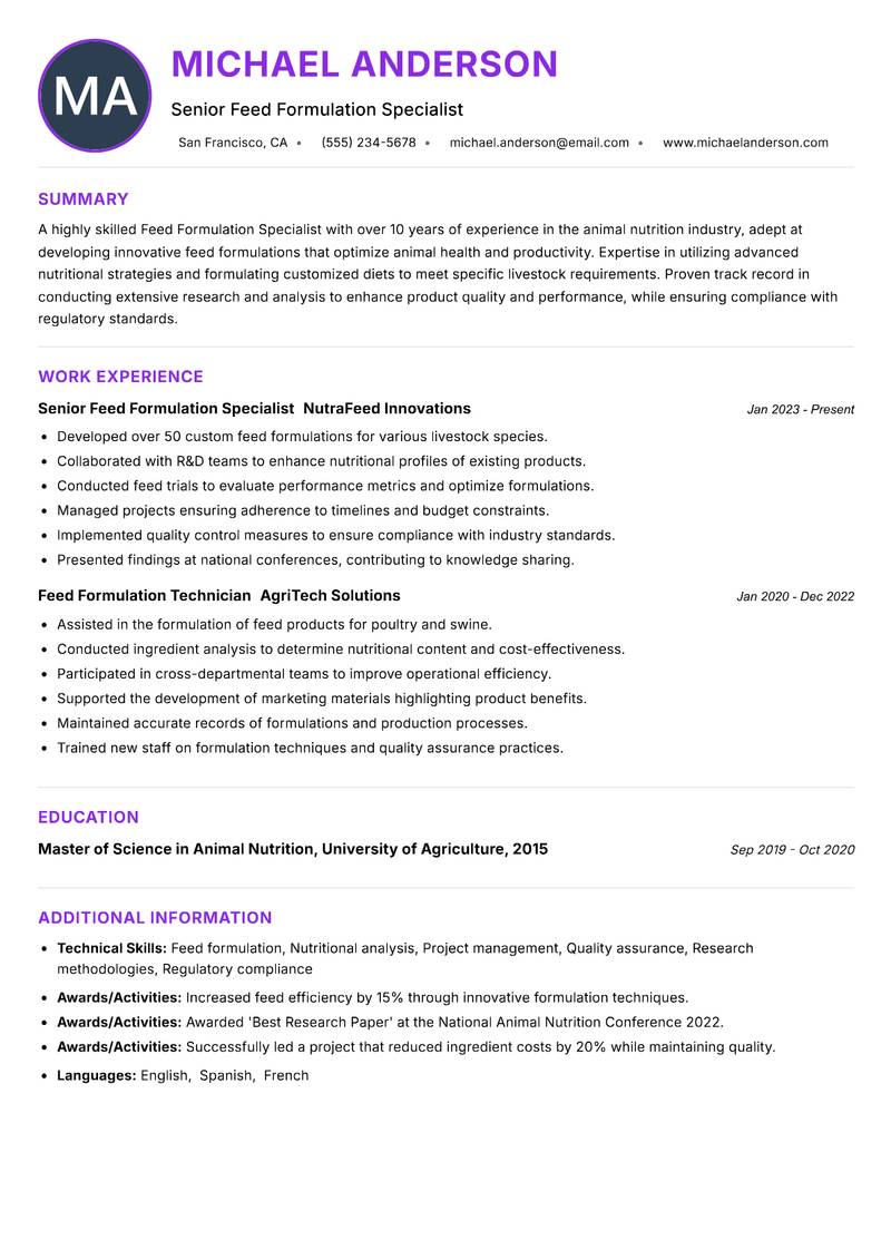 Feed Formulation Specialist resume example — ATS-friendly template