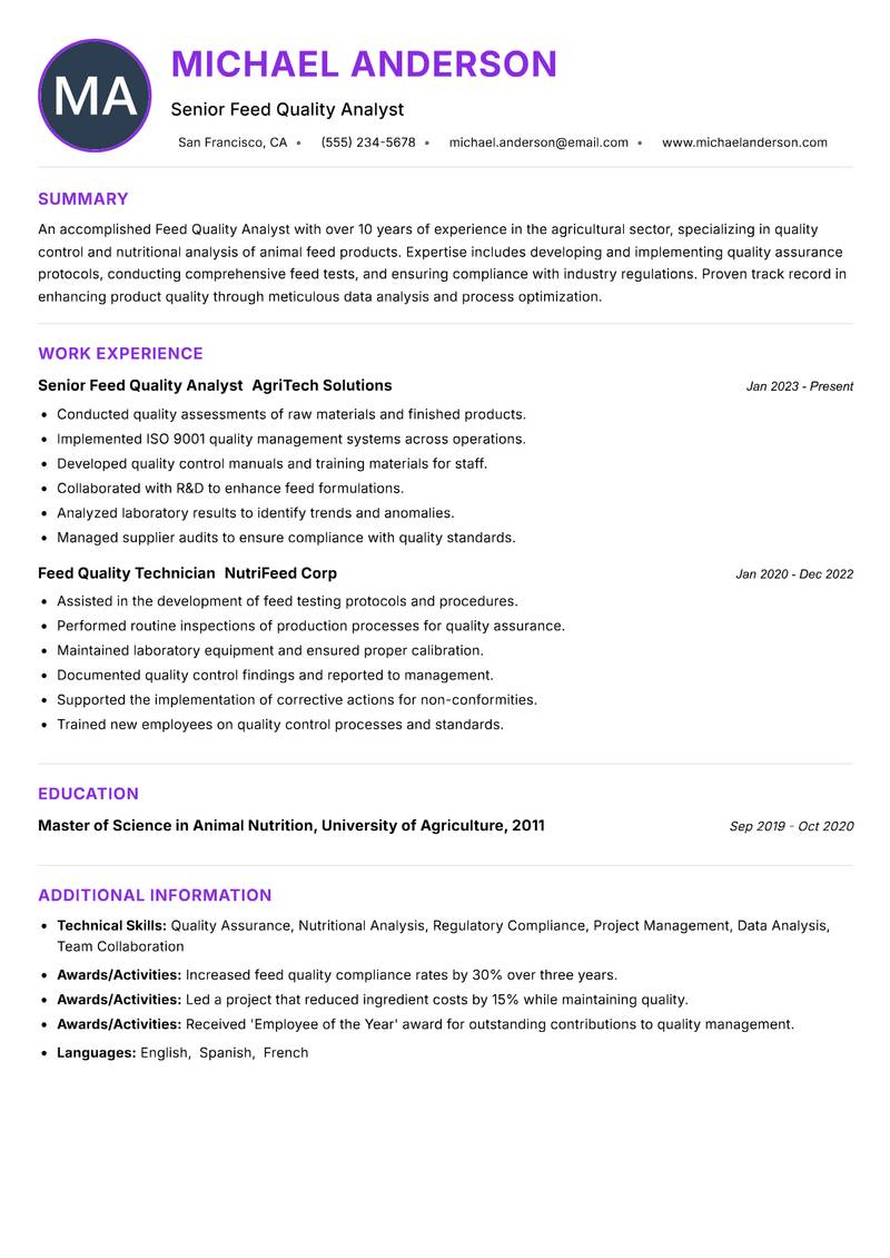 Feed Quality Analyst resume example — ATS-friendly template