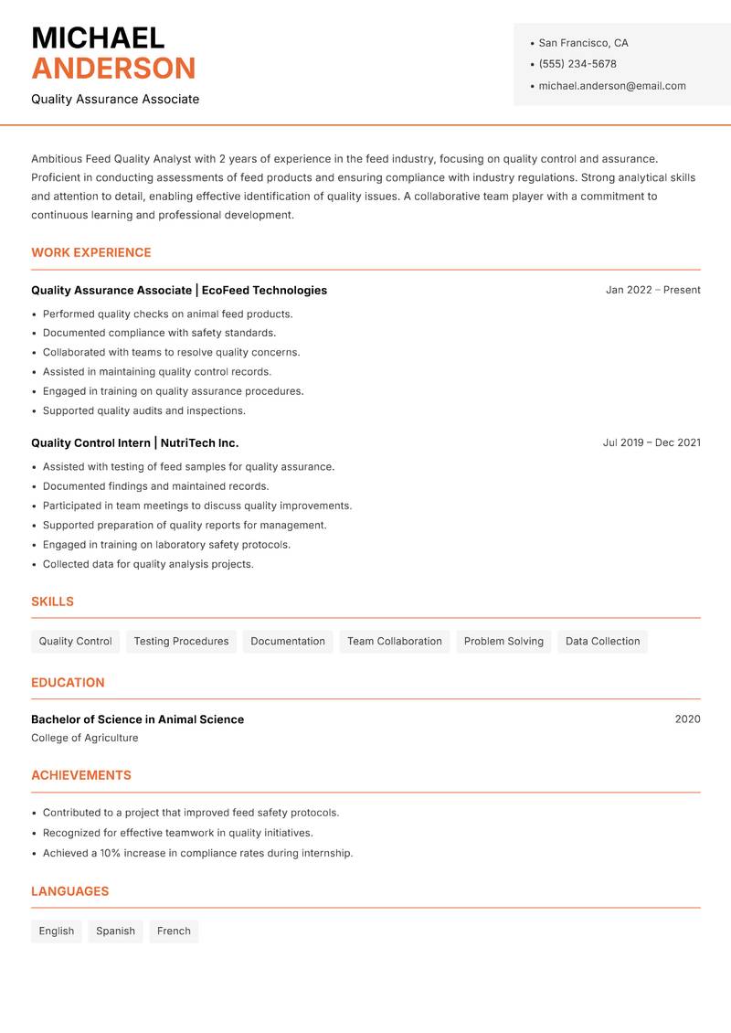 Feed Quality Analyst resume template — Modern Professional